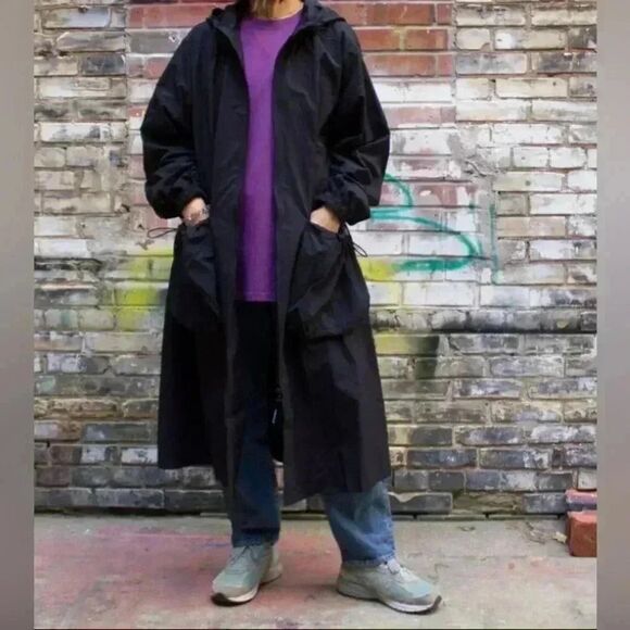 STUSSY Y2K 90s Vtg Retro Woman’s Roomy Black Long-Sleeve Hood Dress Jacket Sz S - Picture 3 of 11